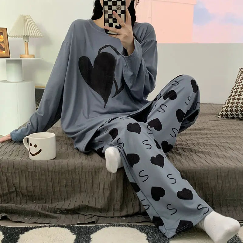 Plus Size 6XL 150kg Women Pajamas Set Long Sleeve Autumn Winter 2PCS Sleepwear Nightwear Female Suit Heart Print Tops and Pants