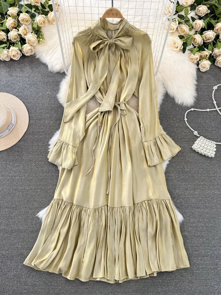 Elegant and Chic Solid Evening Dresses for Women Fashion New Bow Lace Up Flare Long Sleeve A-Line Vestidos Autumn Female Clothes