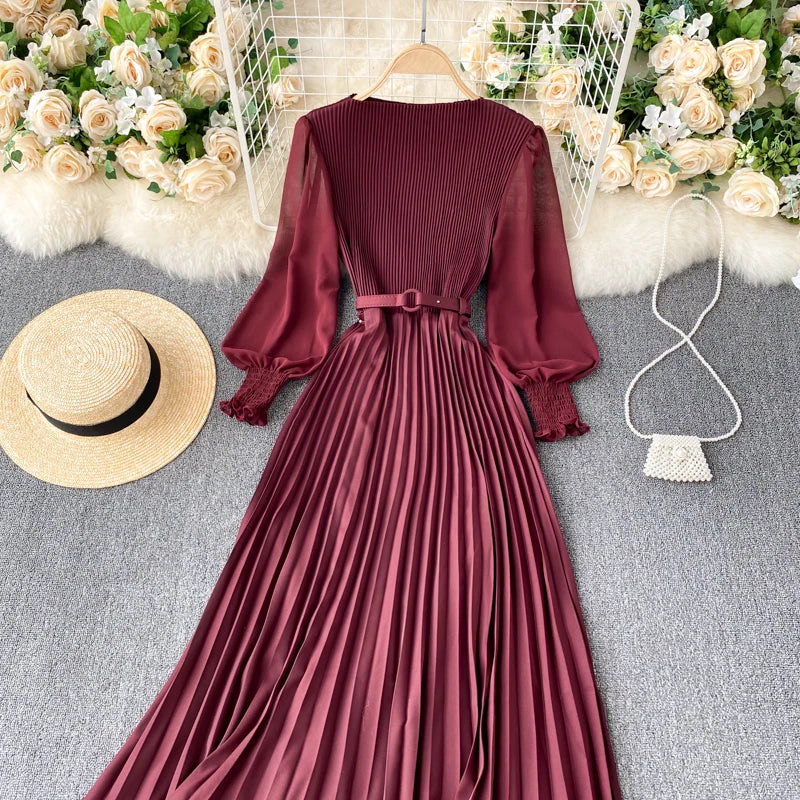 Chic Pleated Elegant Puff Sleeve Dress A-line Chiffon High Waist Belt Beach Vacation Party Dress Women Summer Spring Vestidos