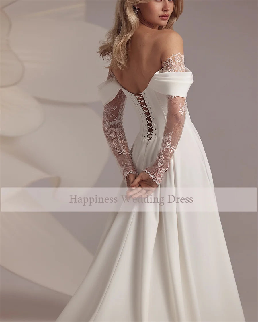 Strapless Corset Designs Cap 3/4 Lace Sleeve Wedding Dress  A-Line Front Split With Lace Backless Lace Up Bridal Gowns