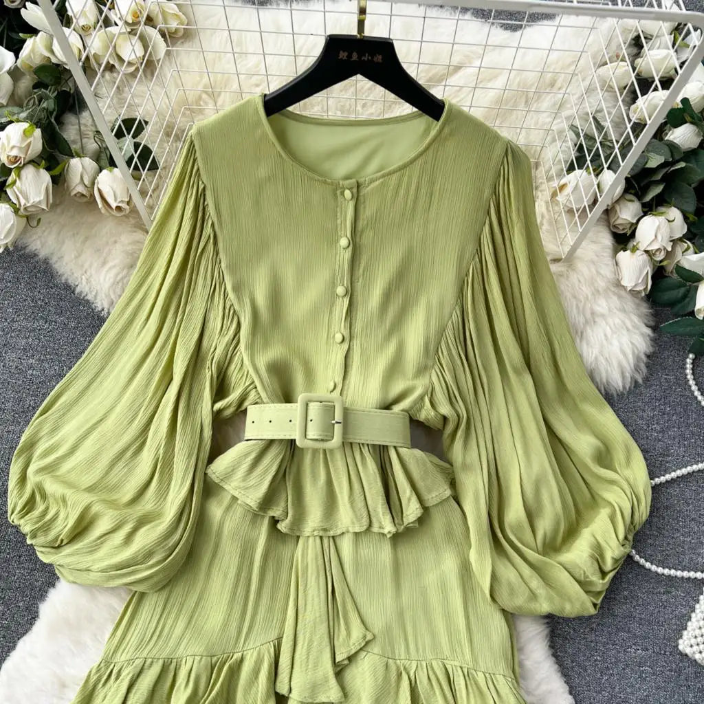 Vintage Puff Sleeve Ruffle Dress Women O-Neck A-Line Elegant Casual Party Prom Dresses Korean Autumn Fashion Female Vestidos New