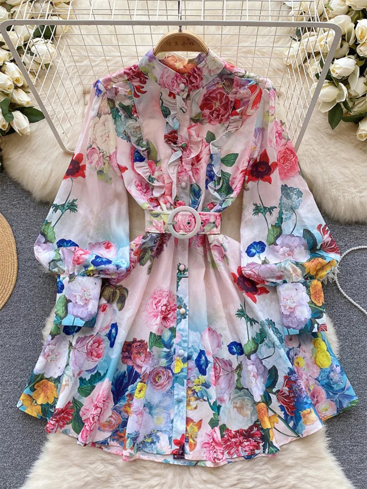 Mini Dresses For Women Frill Trim Long Sleeve Spring Vacation Dress Stand Collar Elegant Vintage Floral Print Dress With Belt