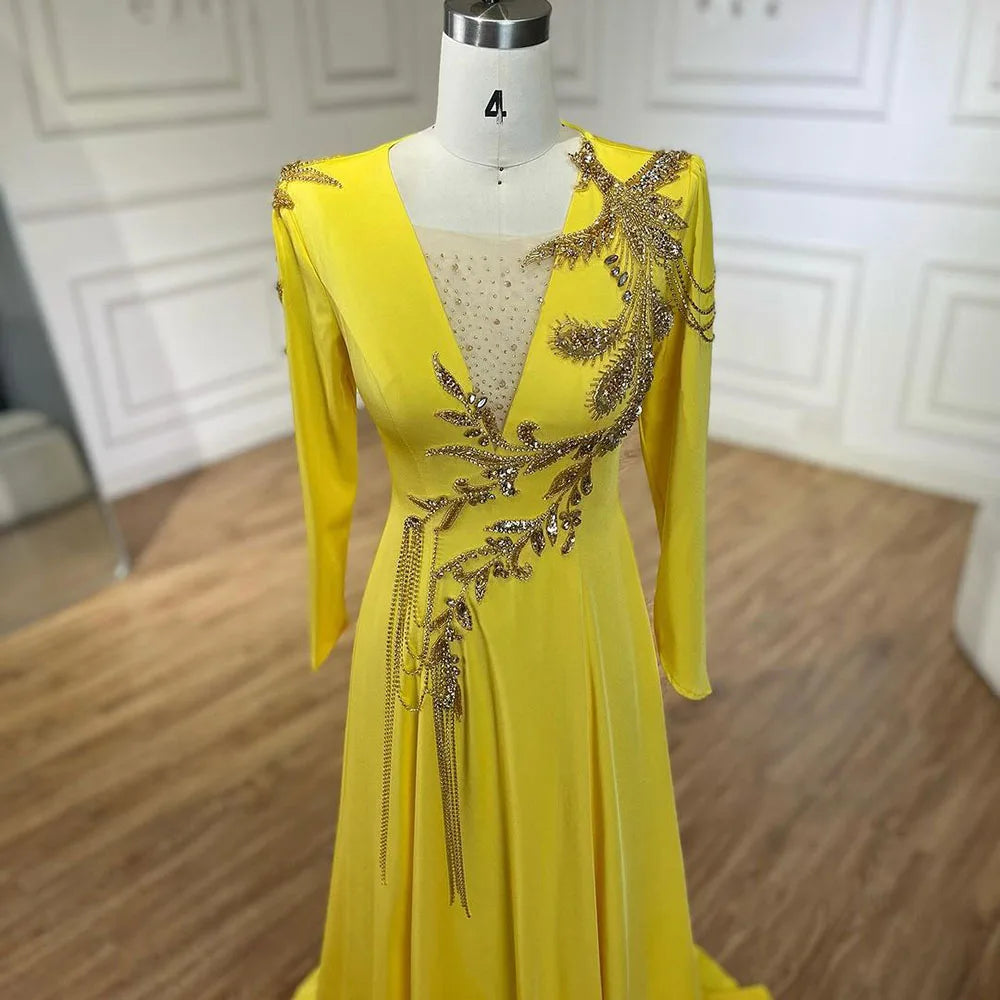 Serene Hill Luxury Dubai Arabic Yellow Mermaid Elegant Tassel Beaded Evening Dresses Gowns For Women Wedding Party 2024 LA72555