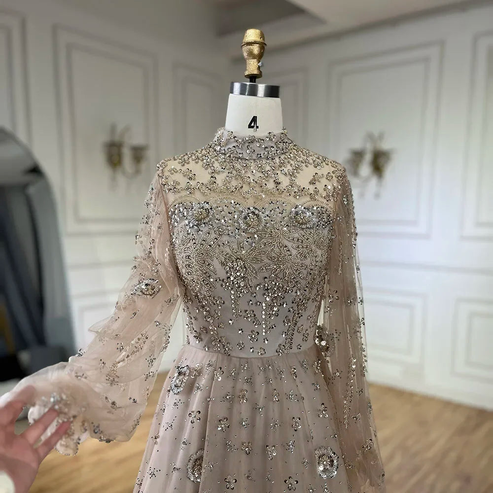 Serene Hill Muslim Nude A-Line Beaded Luxury Elegant Dubai Long Evening Gown for Women - Wedding Party 2024  LA72594