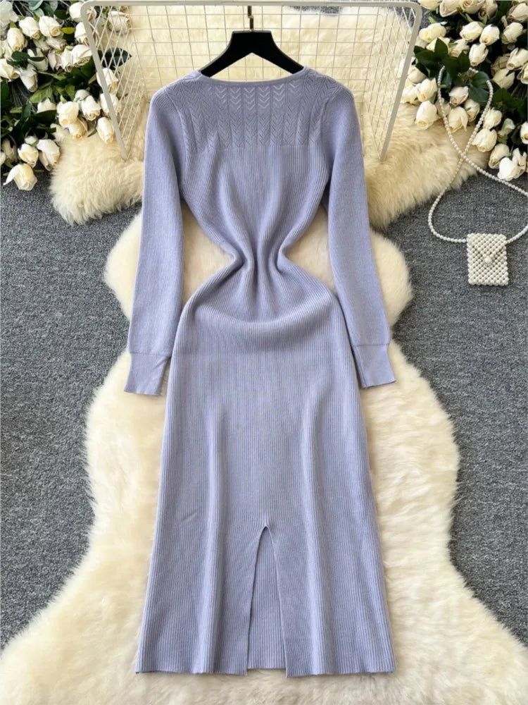 Elegant Solid Knitted Dress for Women Autumn French Vintage O-Neck Long Sleeve Fashion Evening Party Sweater Slim Midi Dresses