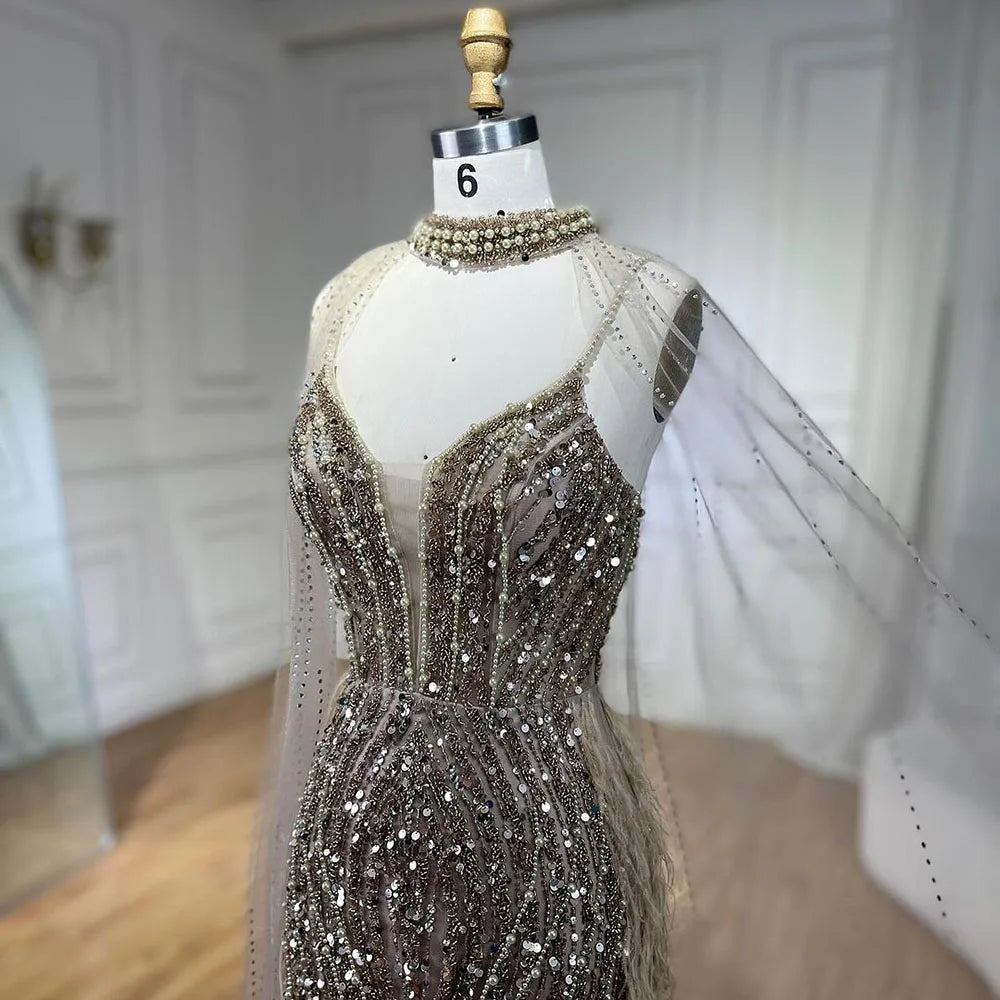 SERENE HILL 2024 White Nude Mermaid Beaded Feathers Luxury Evening Dresses Midi Gown With Cape For Women Wedding Party GLA72047A