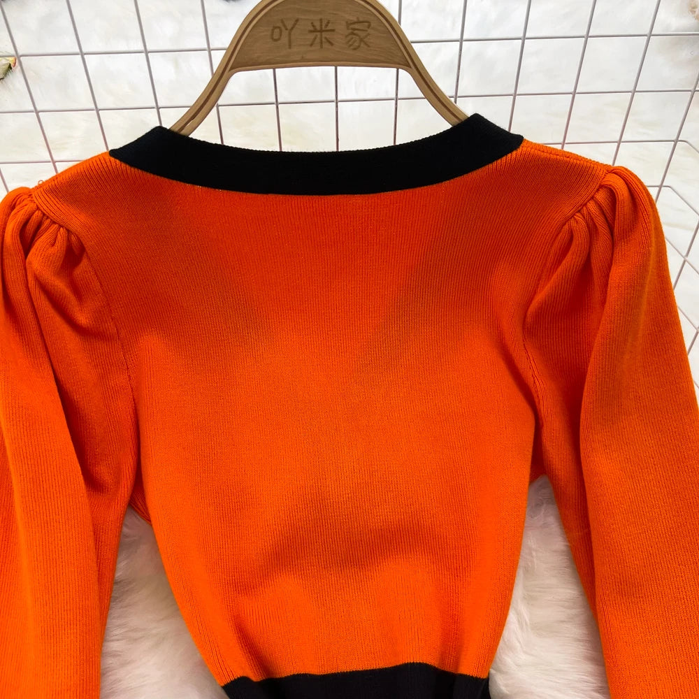 Women Elegant Butterfly Long Sleeve Bodycon V Neck Split Dress Vintage French Slim Knit Tight Vestido Autumn Winter Sweater Robe