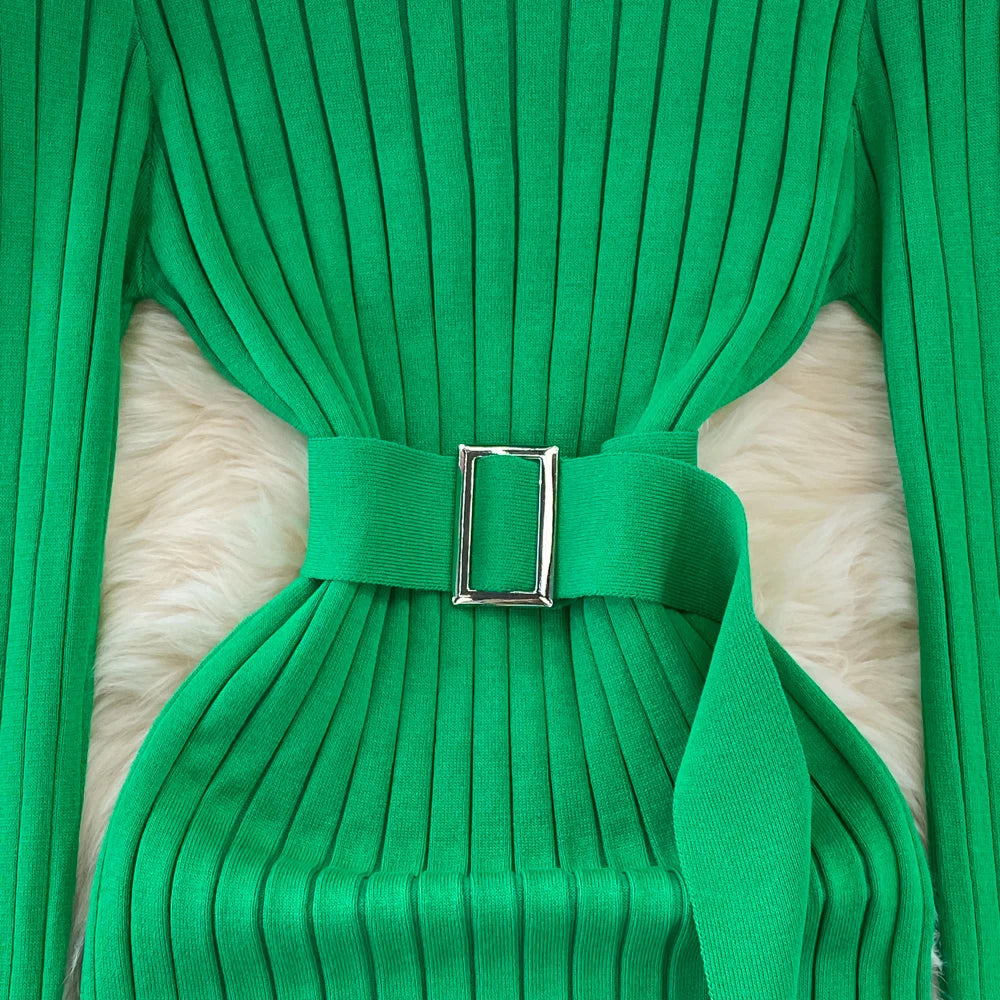 Chic Elegant Turtleneck Long Sleeve Bodycon Dress with Belt Sexy Fashion Knit Vestido Slim Autumn Winter Pencil Sweater Robe