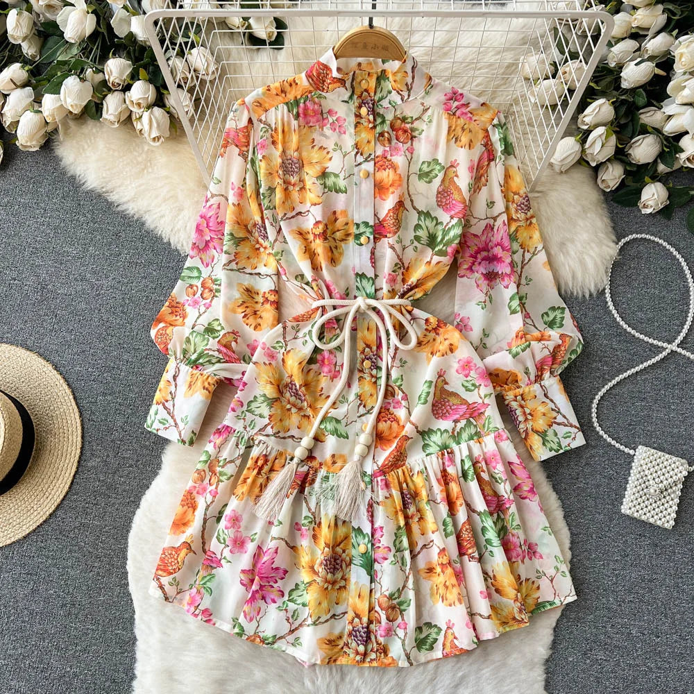 Spring Vacation Dresses For Women Long Sleeve Vintage Floral Print Dress Stand Collar Ruffle Hem Chiffon Mini Dress Tie Belt