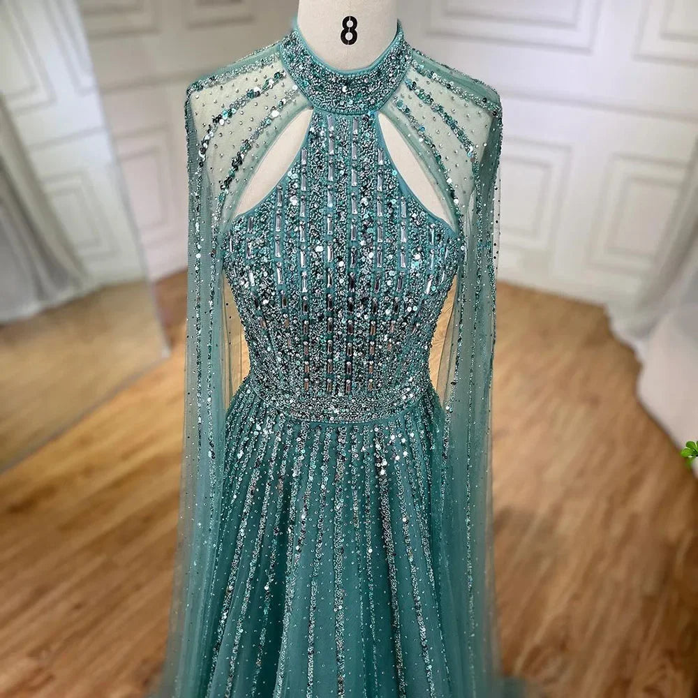 Serene Hill Arabic Turquoise A Line Cape Sleeve Beaded Luxury Dubai Evening Dresses Gowns For Women Wedding Party 2024 BLA72306A