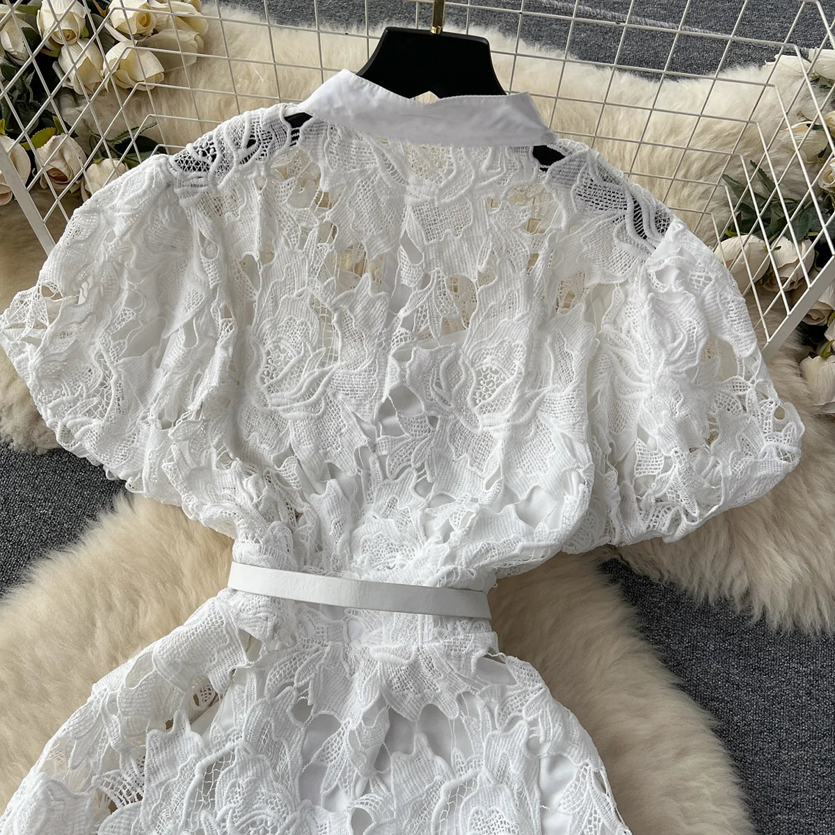 Summer Dresses For Women 2023 Luxury Party Elegant Openwork Embroidery Lace Dress Short Puff Sleeve White Mini Dress With Belt