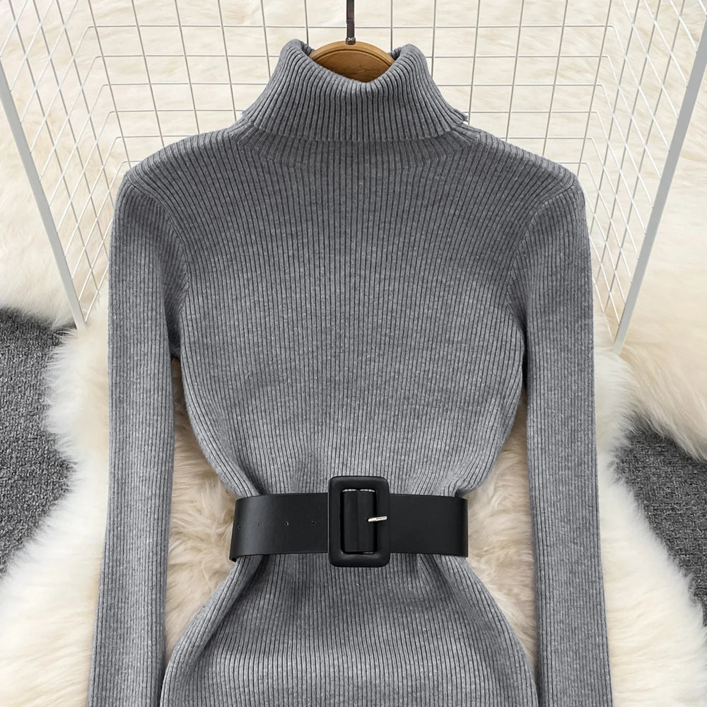 Elegant Turtleneck Long Sleeve Knit Soft Tight Pencil Dress with Belt Slim Fashion Warm Sweater Vestido Sexy Women Winter Robe