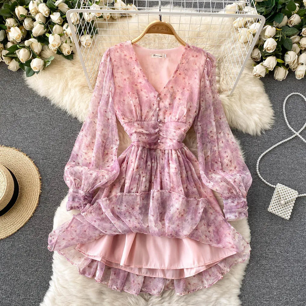 Vintage Floral Print Pleated Elegant Puff Sleeve Dress A-line Chiffon Beach Vacation casual Dress Women Summer Spring Vestidos