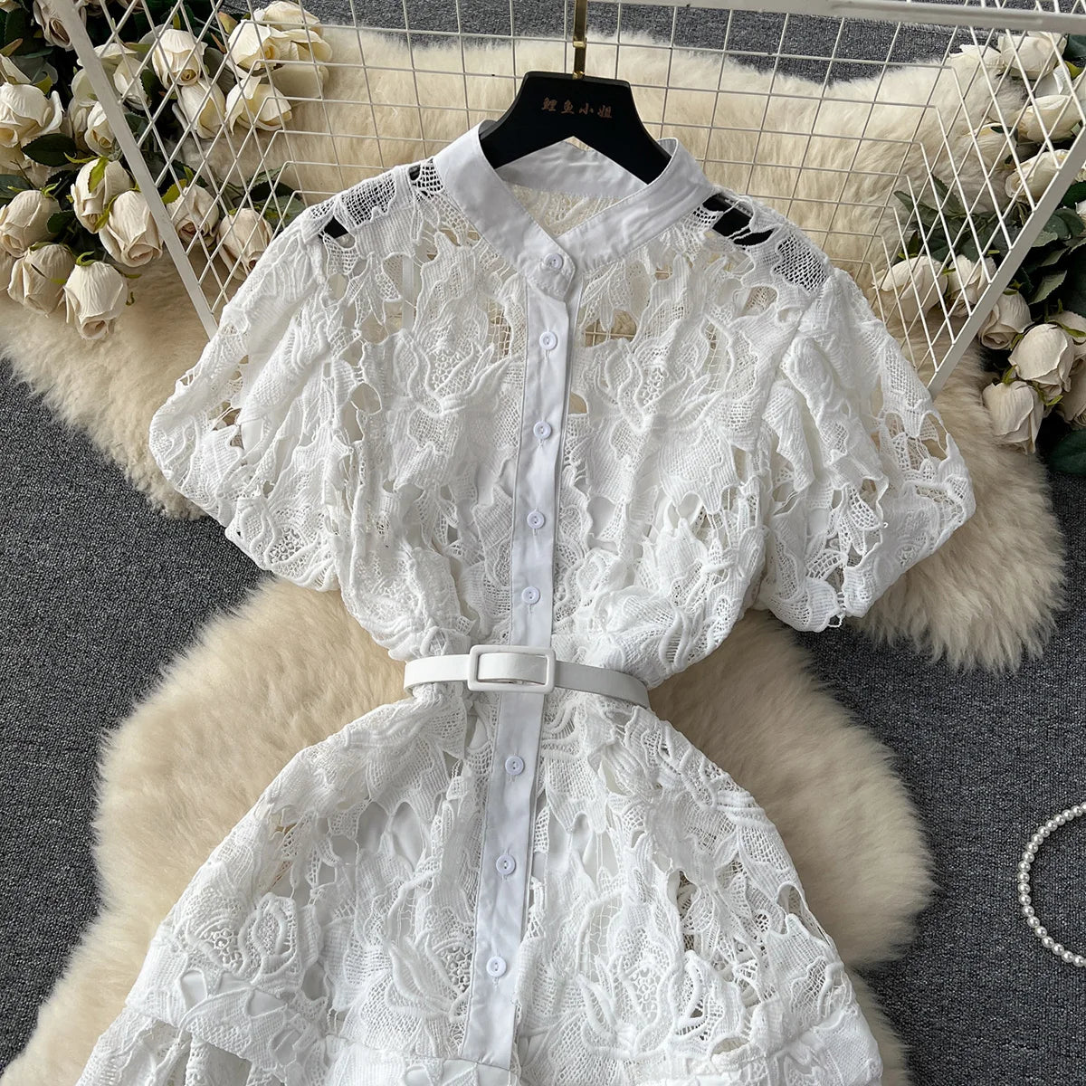 Summer Dresses For Women 2023 Luxury Party Elegant Openwork Embroidery Lace Dress Short Puff Sleeve White Mini Dress With Belt