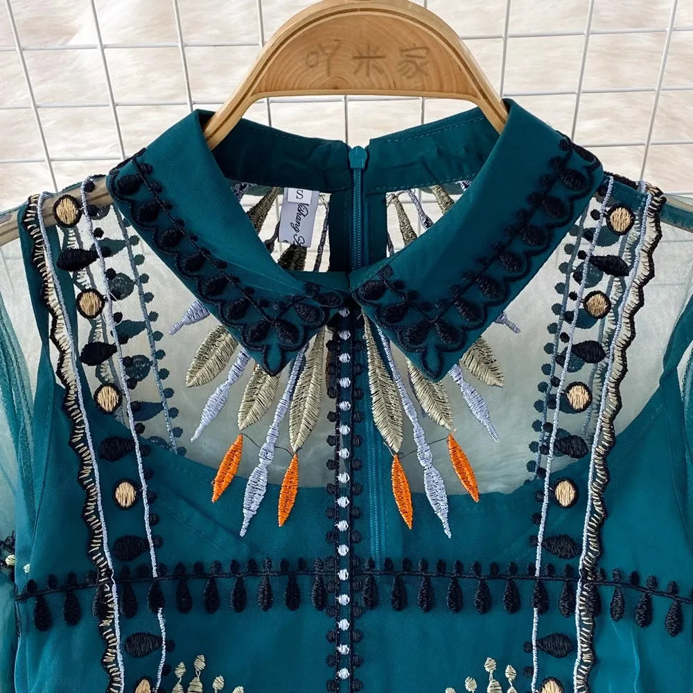 Luxury New Women Summer Embroidery Fashion Turn Down Collar Short Sleeve Party Casual Holiday Evening Runway Designer Dresses