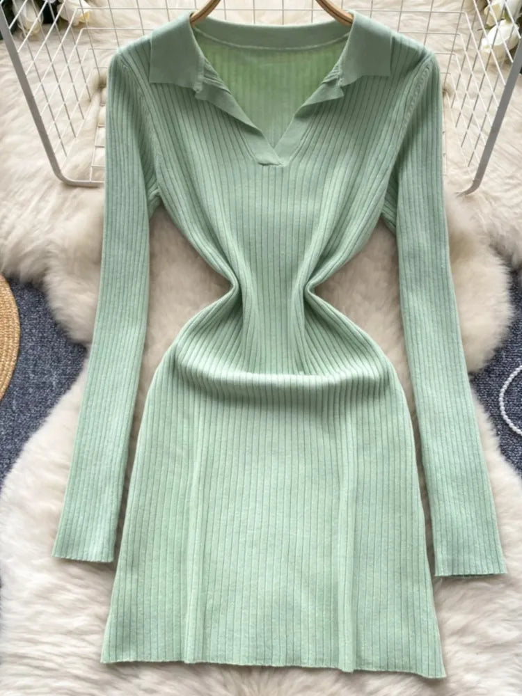 Y2k French Vintage Knitted Dress for Women Autumn Bodycon V-neck Long Sleeved Solid Simplicity Fashion Causal A-line Dresses