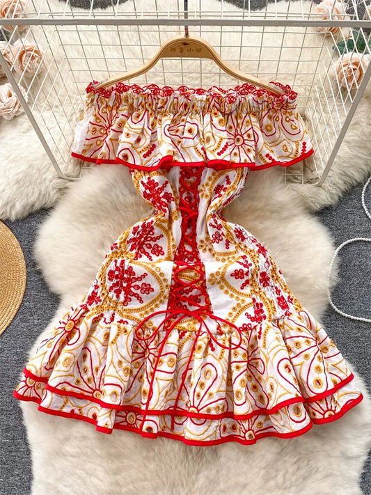 Vacation Beach Dress Women Summer Ruffle Hem Vintage Cutwork Embroidery Dress Front Lace Up Sexy Off Shoulder Mini Party Dress