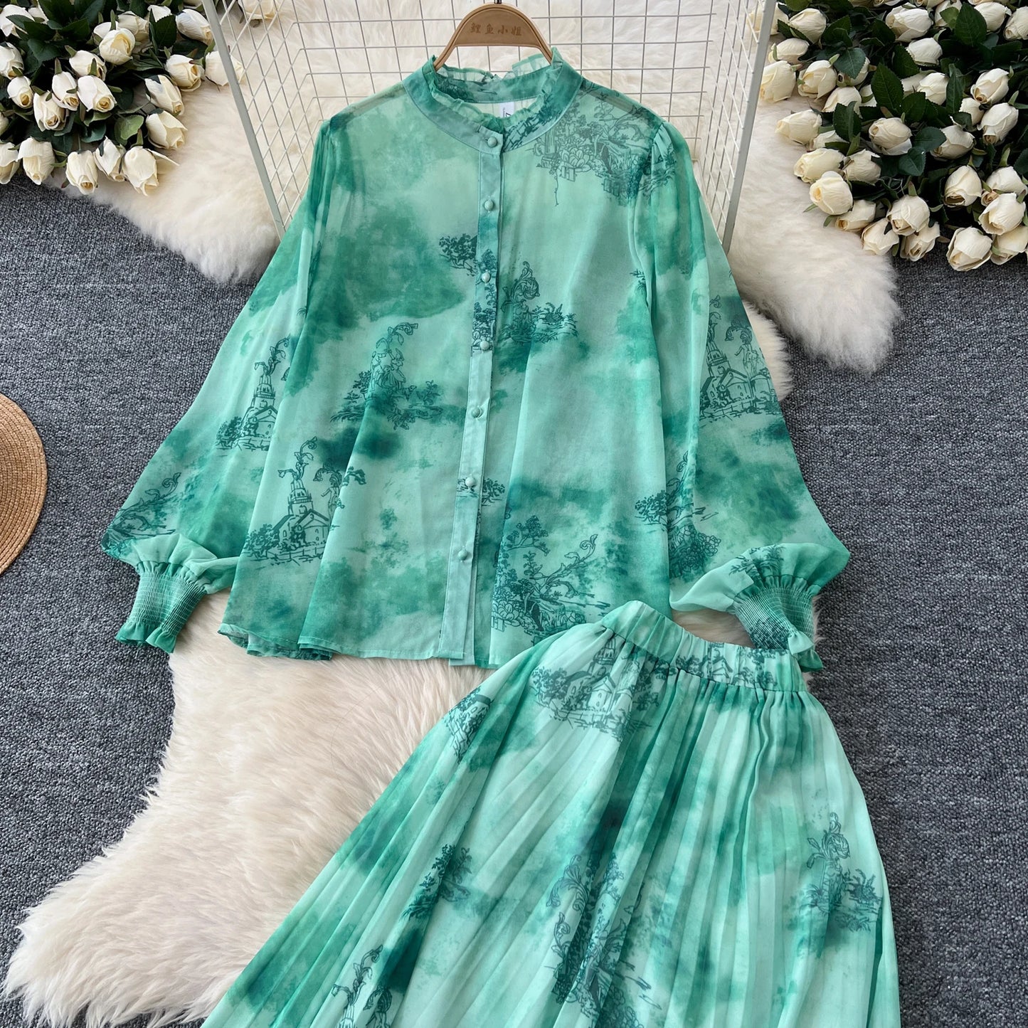 Women Chic Print Sweet Two Pieces Sets Bow Lantern Long Sleeve Top  High Waitst Wide Skirt Fashion Summer Sets
