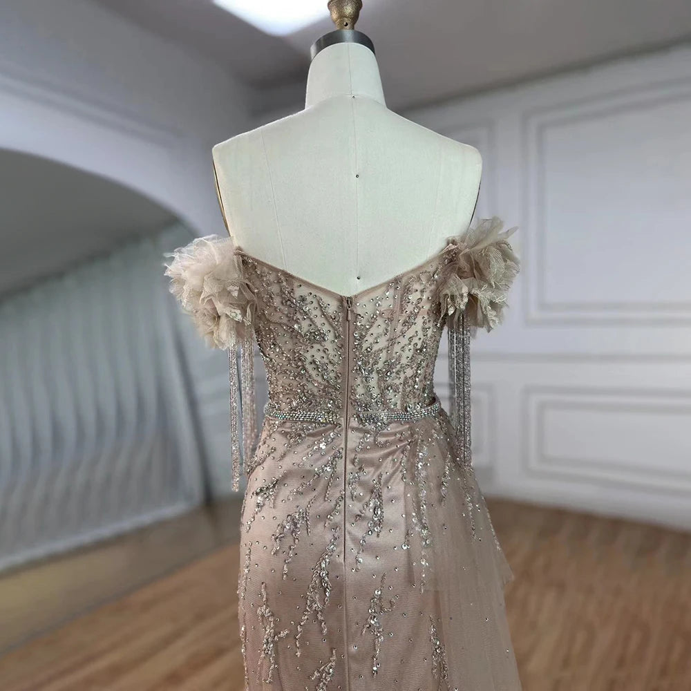 Serene Hill Arabic Dubai Nude Mermaid Luxury Evening Dresses Gowns Boat Neck Beaded Tassel For Women Wedding Party 2024 LA72260