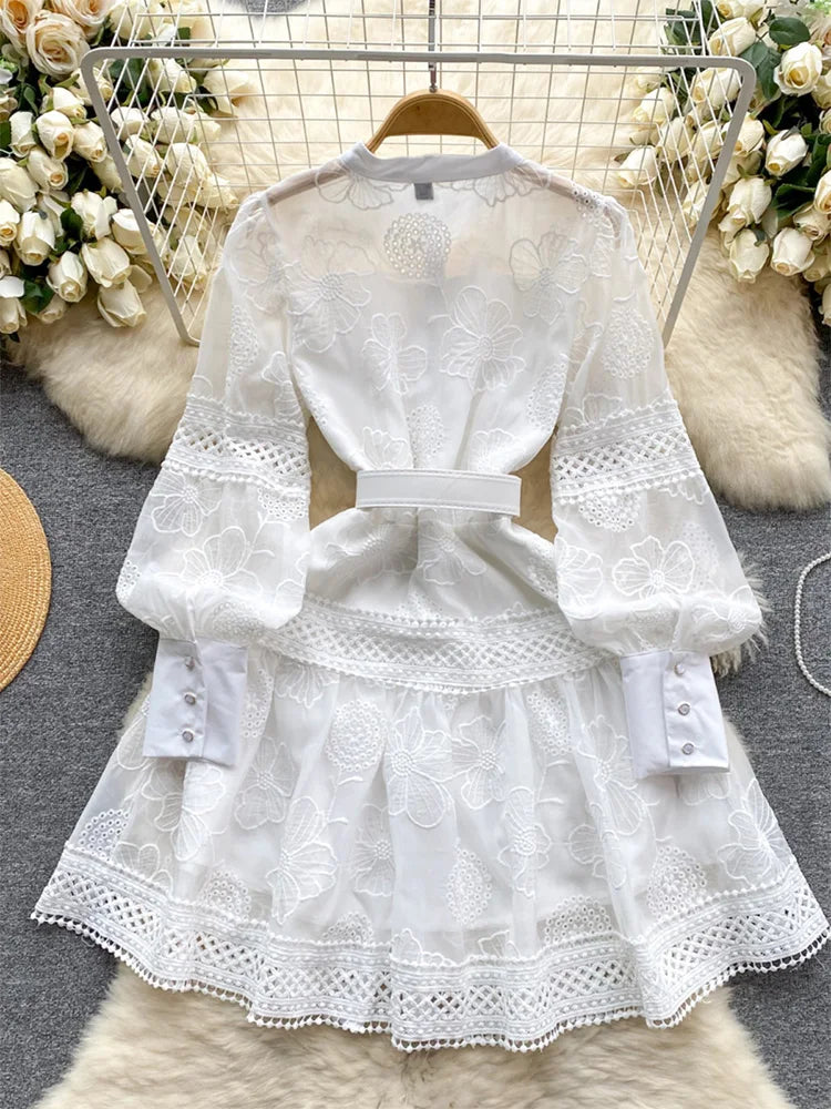 Spring Dresses 2024 Crochet Trim Cutwork Embroidery Mini Holiday Dress Women Stand Collar Long Sleeve Elegant Party Dresses