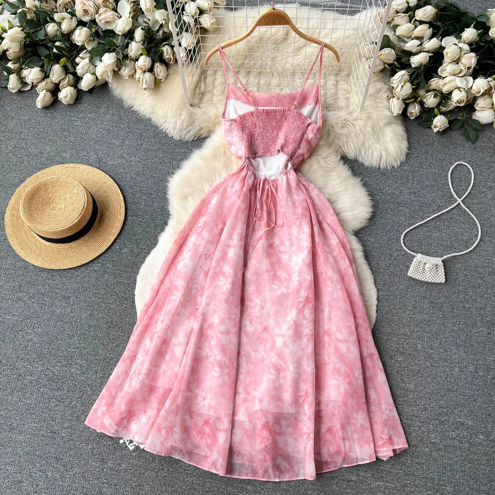 Women Pink Beach Dress Summer Sleeveless Hollow Out High Waist A-line Floral Printing Chiffon Dresses Ladies Casual Long Robe
