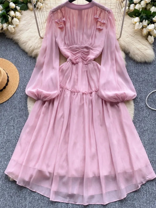 Elegant Tassel Beaded Lantern Sleeve Midi Dress Women French Stand Collar Slim A-Line Pleated Female One Piece Casual Mujer New