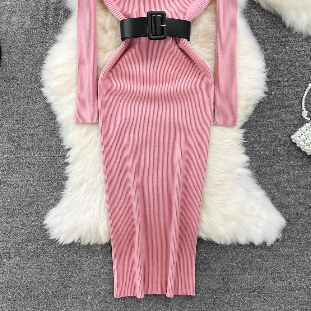 Elegant Turtleneck Long Sleeve Knit Soft Tight Pencil Dress with Belt Slim Fashion Warm Sweater Vestido Sexy Women Winter Robe