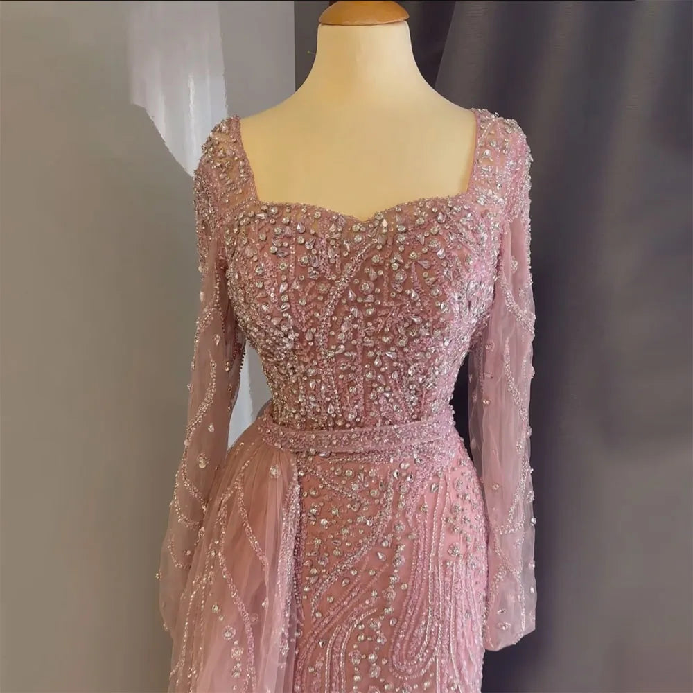 Serene Hill Arabic Pink Elegant Mermaid Overskirt Luxury Beaded Long Evening Dresses Gowns For Formal Occasion 2024 LA72441