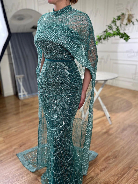 Arabic Formal Dress For Women With Luxury Handmade Beads Real Photo  High Neck Cape Caftan Mermaid Prom Dresses Party Gown
