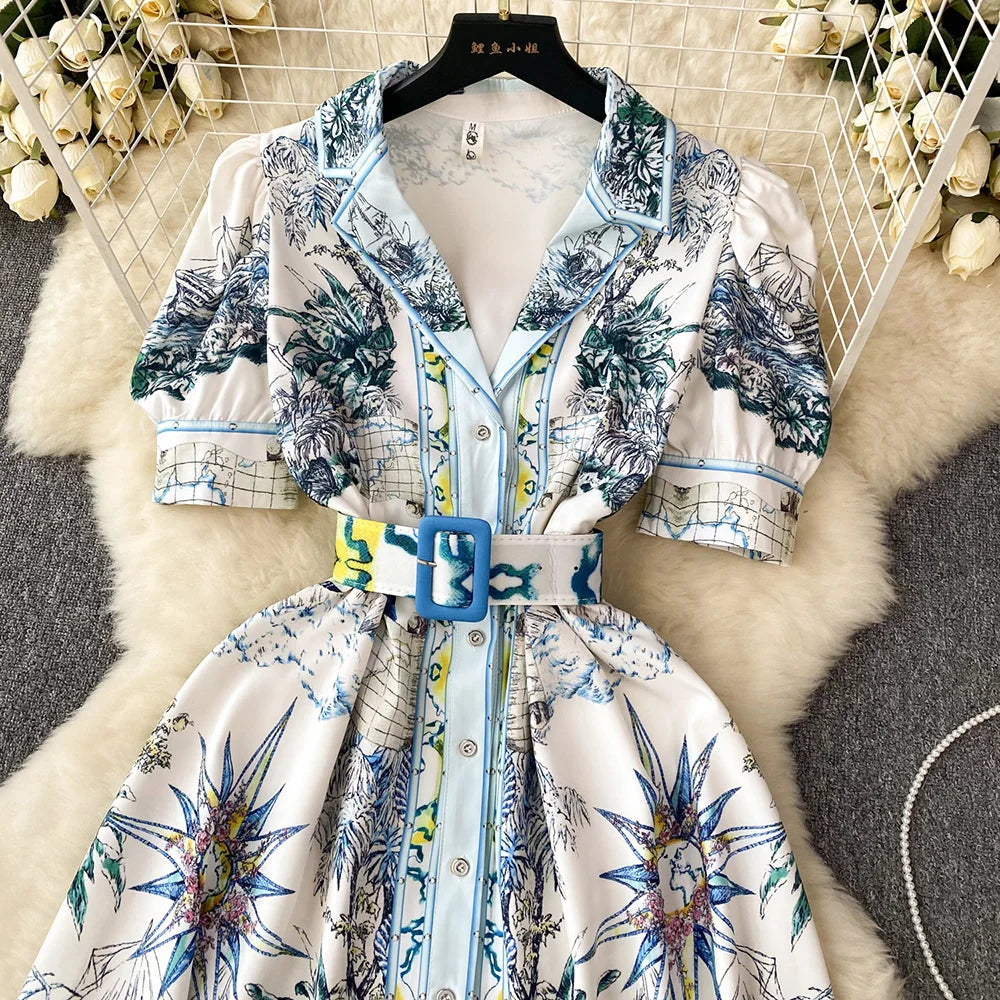 Women Dresses 2023 Short Puff Sleeve Fashion Vintage Print Dress Notched Lapel Front Button Up Elegant Shirt Dress With Belt