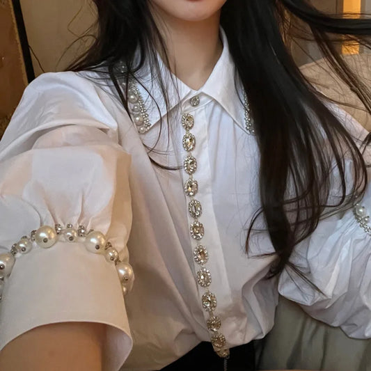 Luxurious Temperament Pearl Diamond Decoration Single breasted Lapel Shirt Blouse Women's Autumn New Elegant White Shirts Top