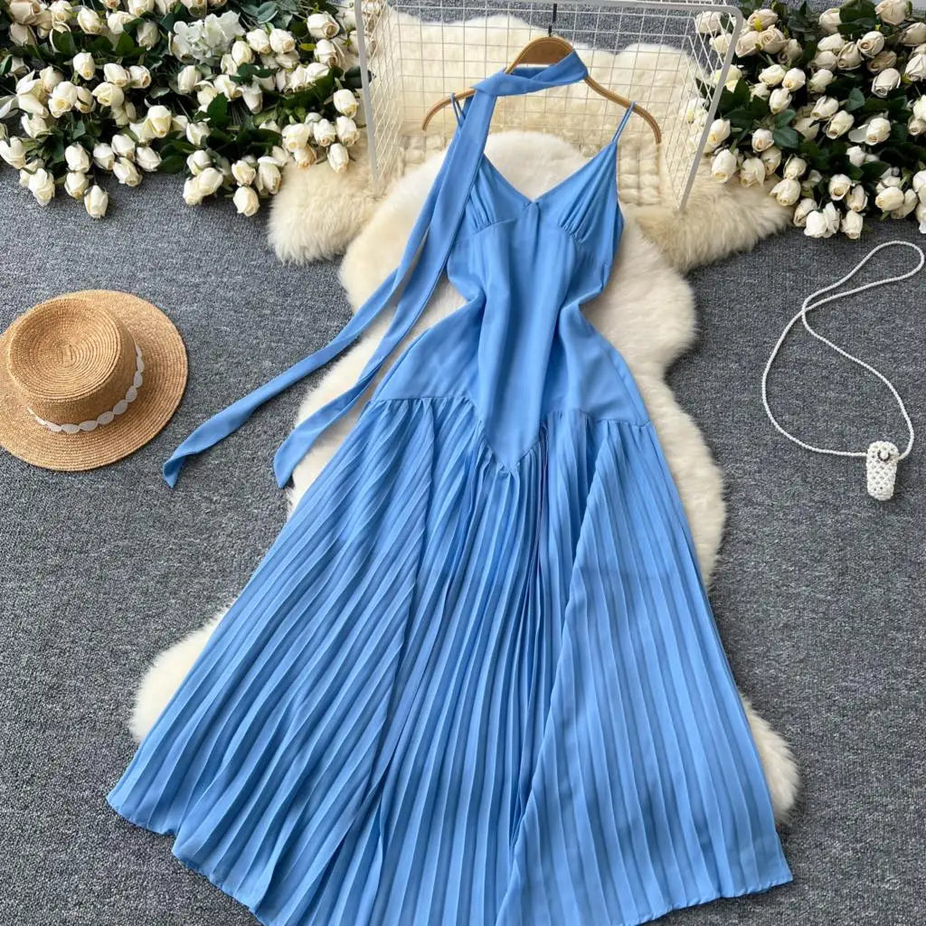 Summer Elegant Casual Women Solid Dress Halter A-Line Beach Holiday Party Long Robe Female Spaghetti Strap Boho Clothes Vestidos