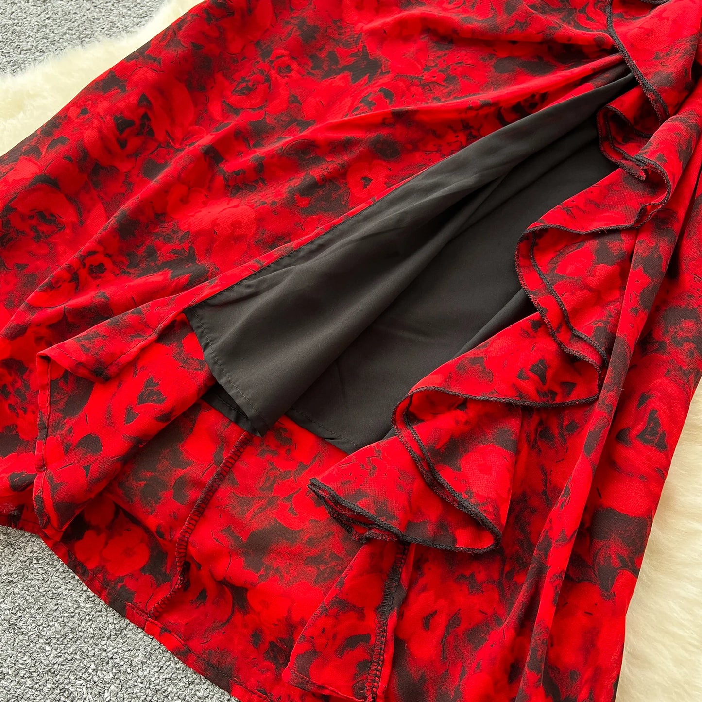 Chic French Sexy Pleated Floral Print Elegant Ruffle Dress Vintage Split Slim High Street Evening Women Autumn Winter Clothing