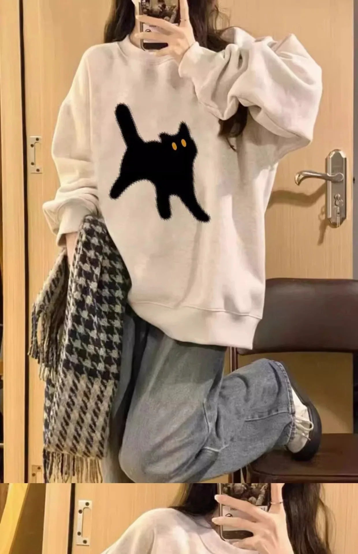 2024 Spring Autumn Unisex Cartoon Cat Printed Pullover Round Neck Long Sleeved baggey Pullovers Casual Cute Couple Street Top