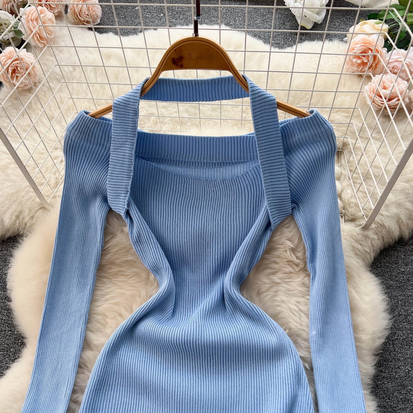 Chic Sexy Halter Bandage Irregular Bodycon Dress Fluffy Long Sleeve Knit Birthday Dress Autumn Winter Pencil Sweater Vestidos