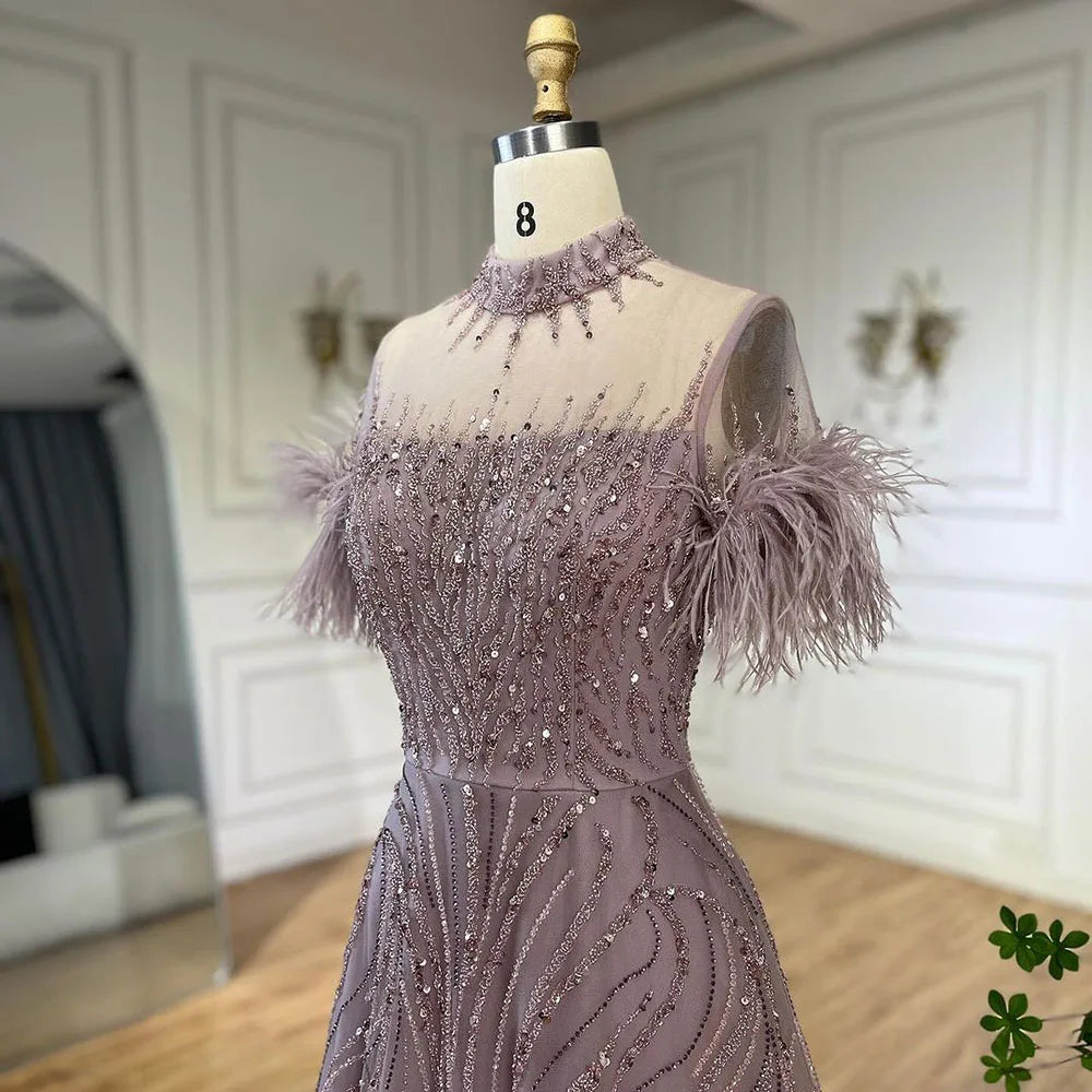 Serene Hill 2024 Arabic blue A Line Short Sleeveless Luxury Evening Dresses Beaded Feathers For Women Wedding Party LA72351