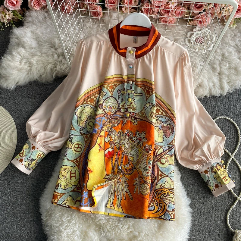 Women Printed Two Piece Set Retro Chic Spring Fragmented Flower Shorts+Long Sleeve Shirt Top Elegant Suits Spring Summer Outfits