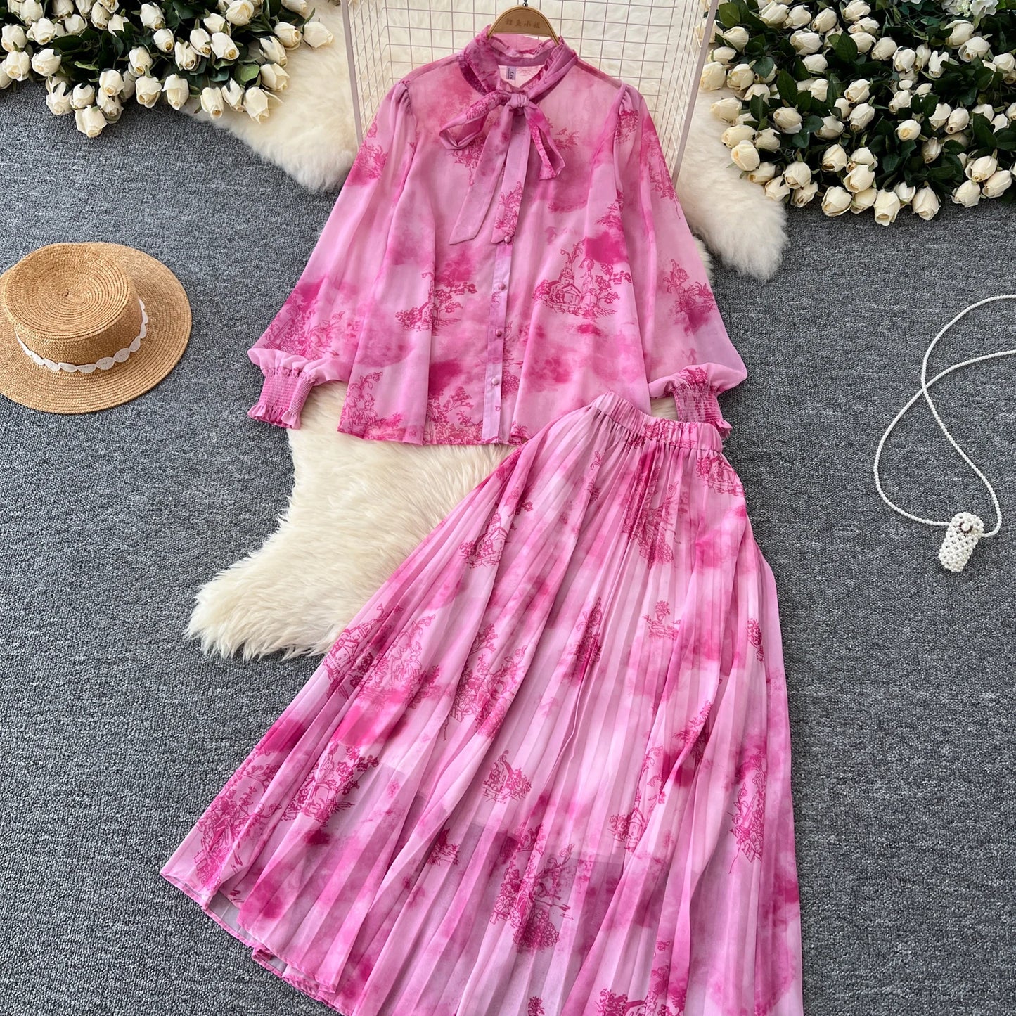 Women Chic Print Sweet Two Pieces Sets Bow Lantern Long Sleeve Top  High Waitst Wide Skirt Fashion Summer Sets
