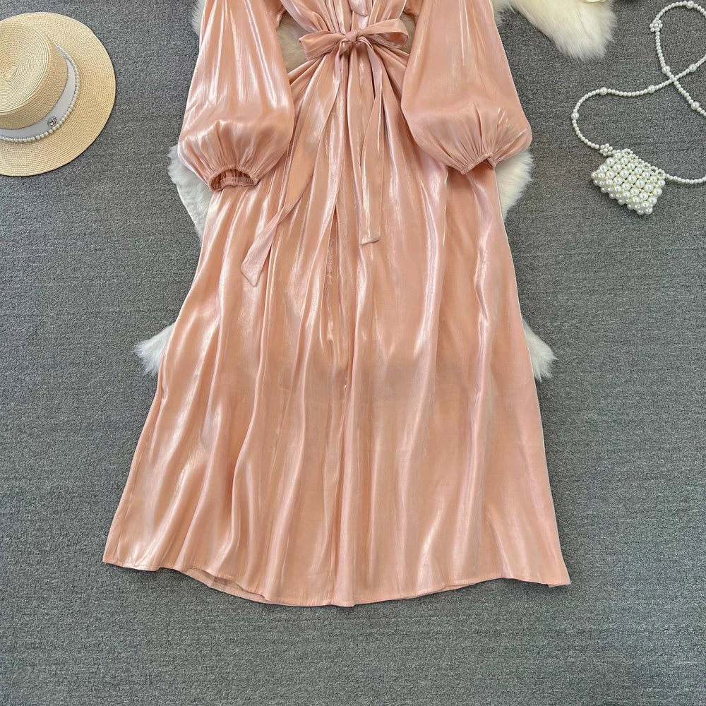 Autumn Elegant Women Fashion Party Long Dress Bow Lace Up Long Sleeve Evening Dresses A-Line Casual Vestidos One Piece Prom Robe