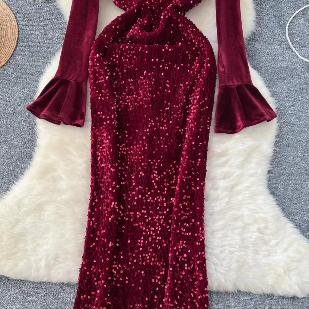 Women's Sexy Velvet Evening Gown Luxury Dresses V-Neck Flare Sleeve Split Long Dress Fashion Slim Robe Birthday Party Autumn New
