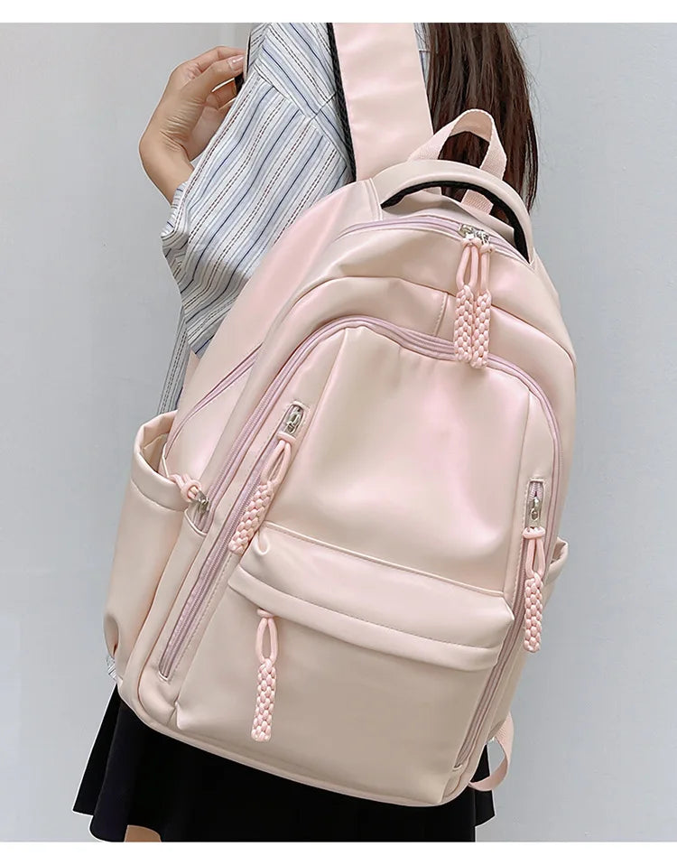 Korean Fashion College Student School Bags Women's New Trendy Casual Glossy Leather Backpacks Versatile Large Capacity Handbags