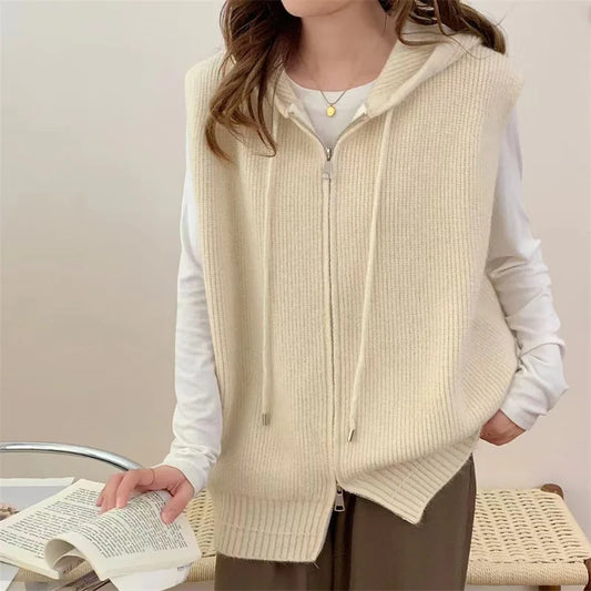 Zipper Knitted Hoodie Women's Autumn and Winter New Style Loose Casual Sleeveless Sweater Solid Color Trendy Tank Top Coat
