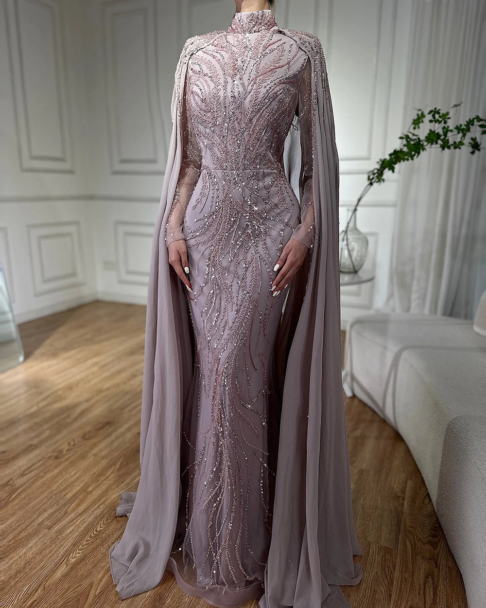 Serene Hill 2024 Saudi Arabic Pink Mermaid Evening Dress With Beaded Satin Long Cape For Formal Occasion LA72413A