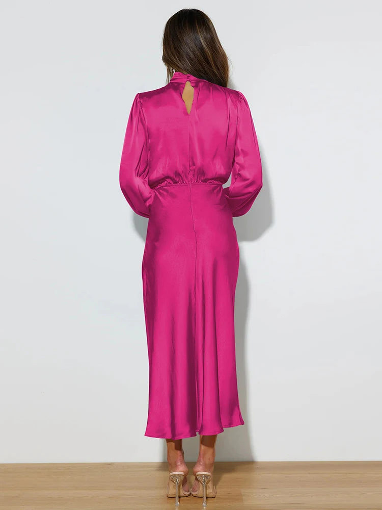 Spring Summer New High-End Satin Long Sleeved Dress Women's Ladylike Elegant Evening Dress Party Clothes Celebrity Dresses