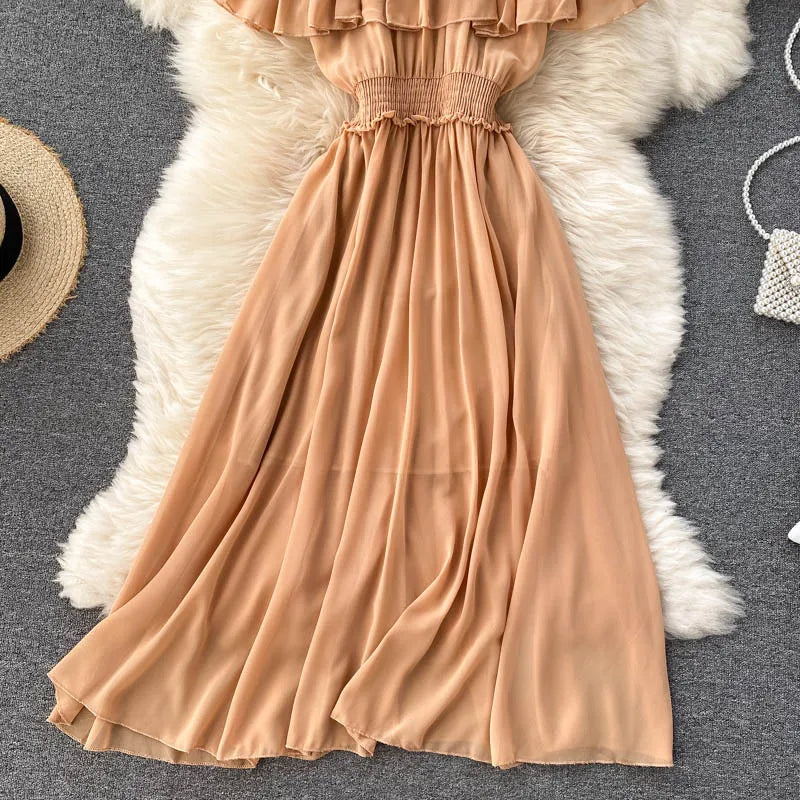 Women Chiffon Beach Dress Sexy Double Layer Ruffled Off The Shoulder Boho Dresses Ladies Sweet Slash Neck Long Dress