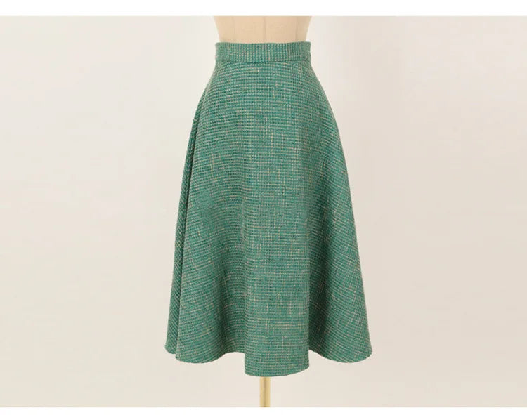 Elegant Temperament Two-Piece Set Tweed for Women Short Blazer Jacket +High Waist Swing Skirt Suits Green Korean Outfits