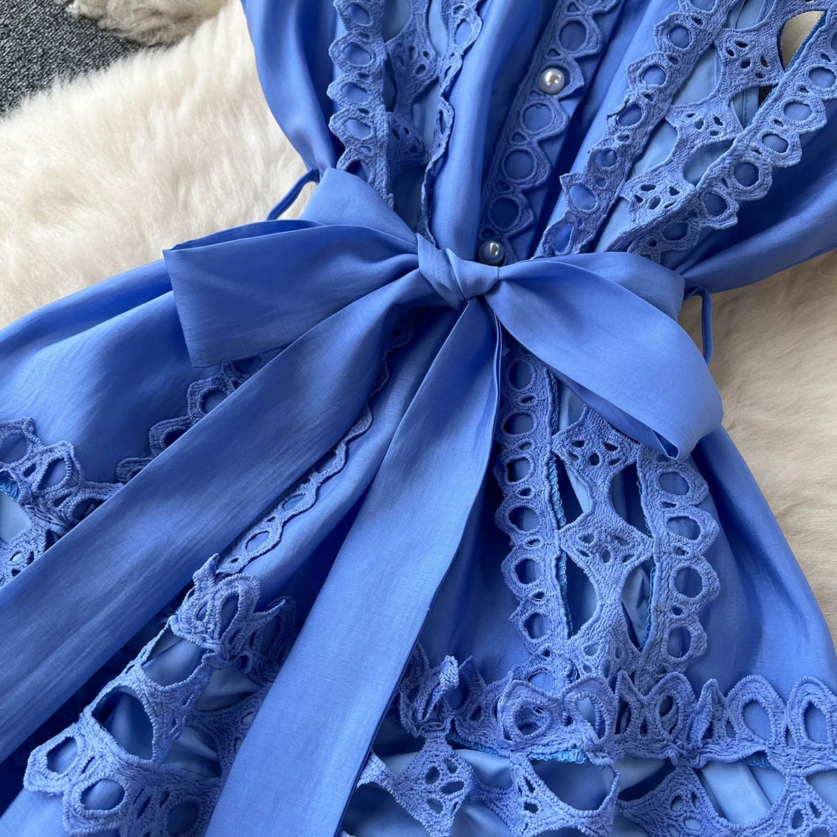 Summer Clothes Dresses For Women 2023 Elegant Vintage Embroidery Lace Dress Sleeveless Stand Neck Button Up Mini Dress With Belt