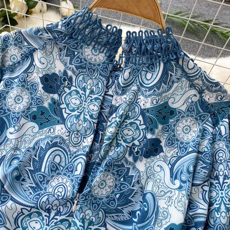 Spring Summer Women Dresses Elegant Vintage Print Holiday Bohemian Beach Dress Stand Collar Long Sleeve Ruffle Tiered Mini Dress