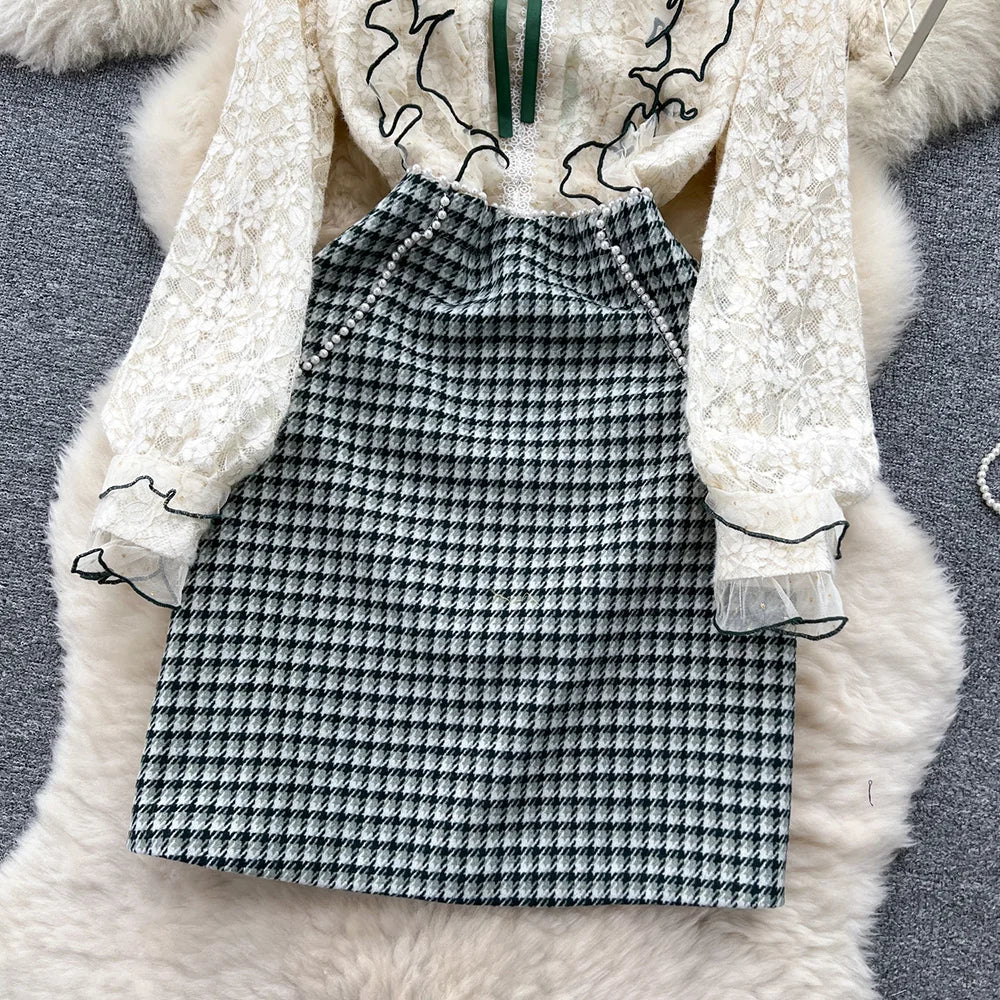 Winter Clothes Women Dresses Long Sleeve Lace Patchwork Textured Tweed Dress Ruffled Trim Lapel Collar Bow Elegant Mini Dress
