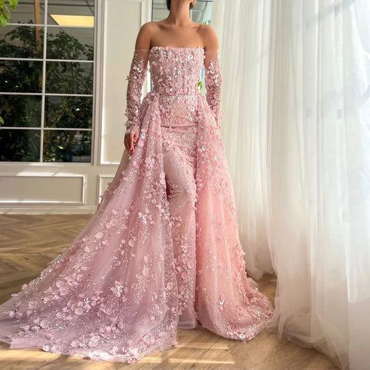 Serene Hill 2024 Pink Strapless Back Lace-Up Mermaid Evening Gown with Overskirt and Appliques for Women | Wedding Party LA72641